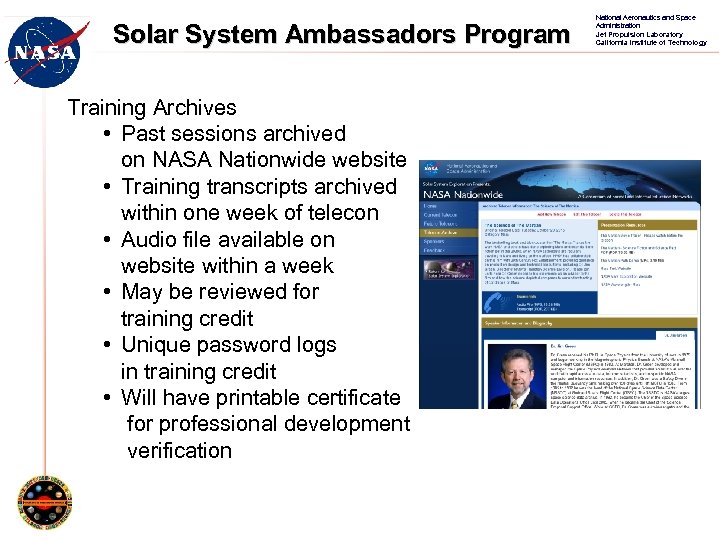 Solar System Ambassadors Program Training Archives • Past sessions archived on NASA Nationwide website