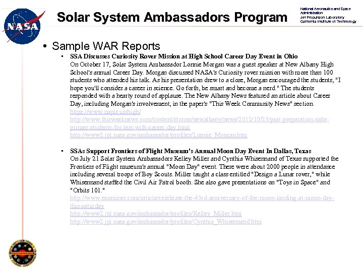 Solar System Ambassadors Program National Aeronautics and Space Administration Jet Propulsion Laboratory California Institute