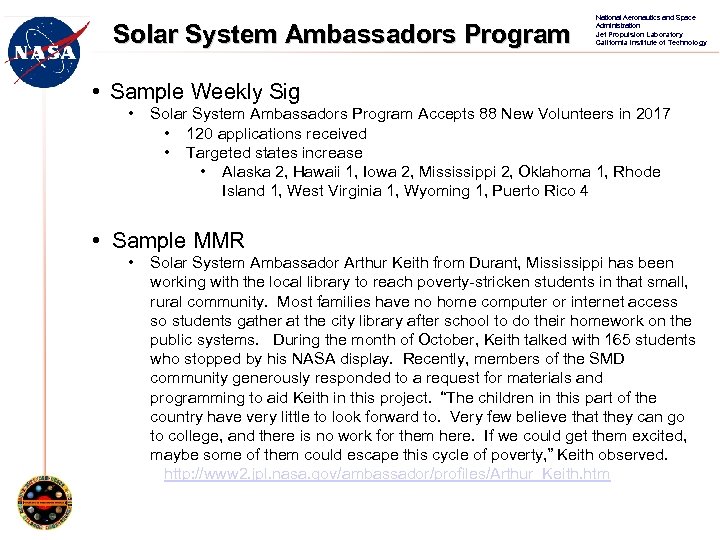 Solar System Ambassadors Program National Aeronautics and Space Administration Jet Propulsion Laboratory California Institute