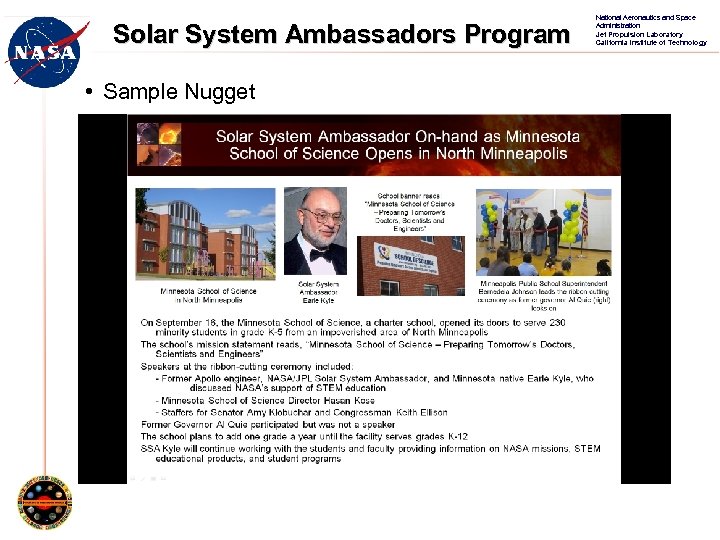 Solar System Ambassadors Program • Sample Nugget National Aeronautics and Space Administration Jet Propulsion