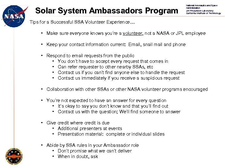 Solar System Ambassadors Program National Aeronautics and Space Administration Jet Propulsion Laboratory California Institute