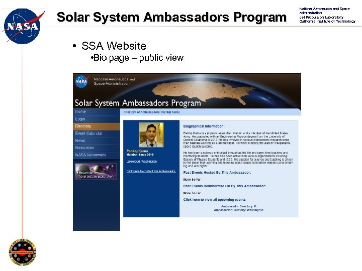 Solar System Ambassadors Program • SSA Website • Bio page – public view National