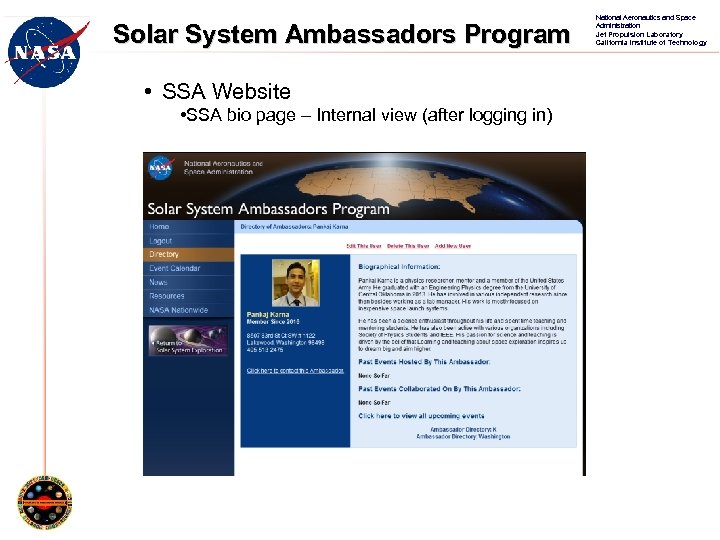 Solar System Ambassadors Program • SSA Website • SSA bio page – Internal view