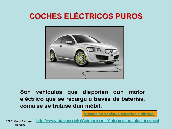 COCHES ELÉCTRICOS PUROS Son vehículos que dispoñen dun motor eléctrico que se recarga a