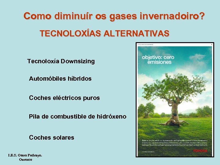 Como diminuír os gases invernadoiro? TECNOLOXÍAS ALTERNATIVAS Tecnoloxía Downsizing Automóbiles híbridos Coches eléctricos puros