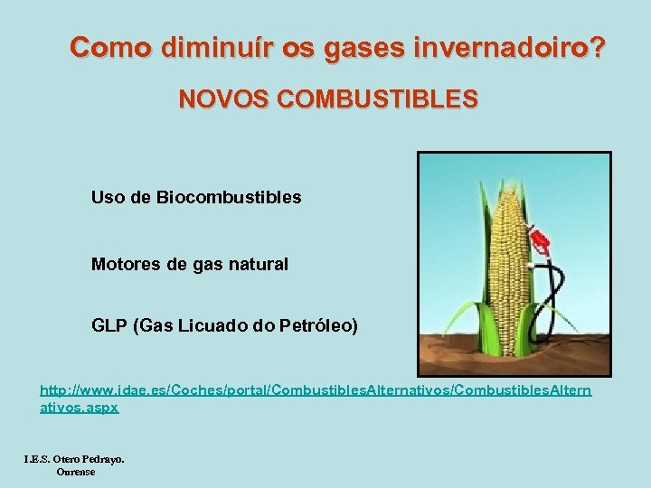 Como diminuír os gases invernadoiro? NOVOS COMBUSTIBLES Uso de Biocombustibles Motores de gas natural