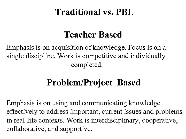 Traditional vs. PBL Teacher Based Emphasis is on acquisition of knowledge. Focus is on