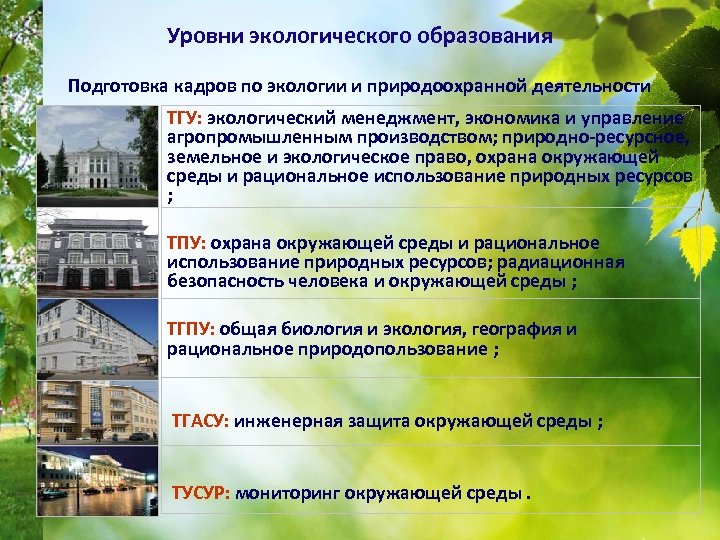 Уровни экологического образования Подготовка кадров по экологии и природоохранной деятельности • ТГУ: экологический менеджмент,