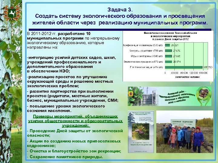Задача 3. Создать систему экологического образования и просвещения жителей области через реализацию муниципальных программ.