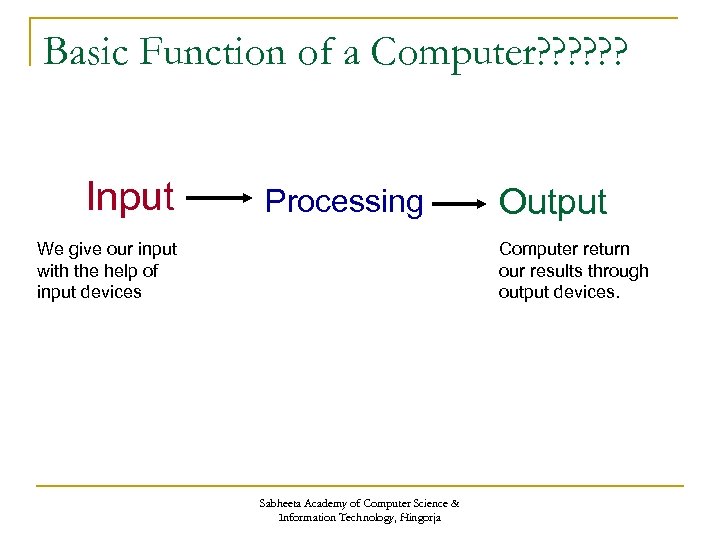 Basic Function of a Computer? ? ? Input Processing We give our input with