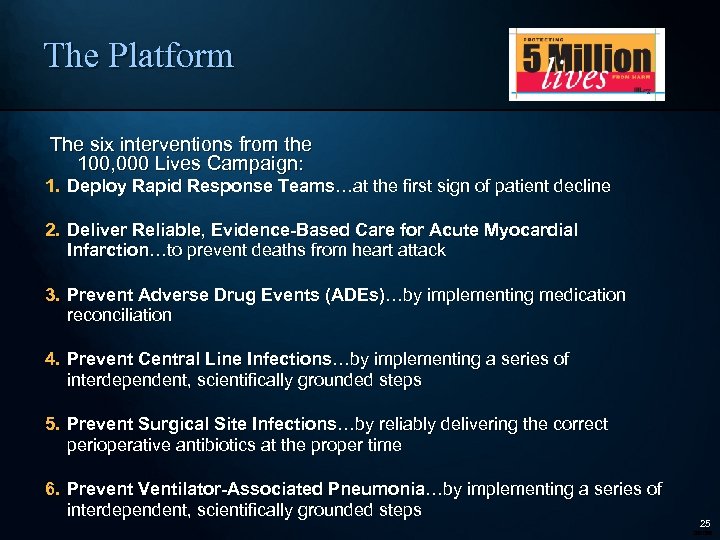The Platform The six interventions from the 100, 000 Lives Campaign: 1. Deploy Rapid