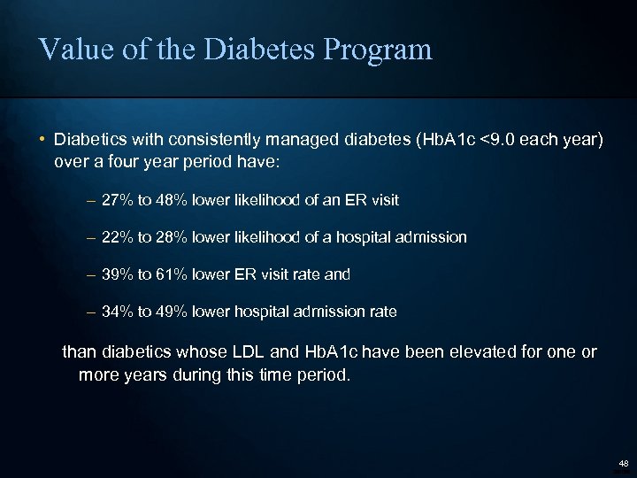Value of the Diabetes Program • Diabetics with consistently managed diabetes (Hb. A 1