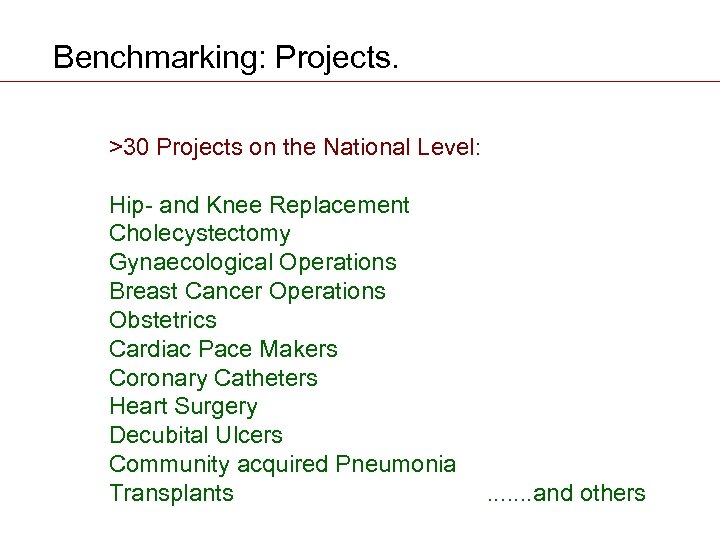 Benchmarking: Projects. >30 Projects on the National Level: Hip- and Knee Replacement Cholecystectomy Gynaecological