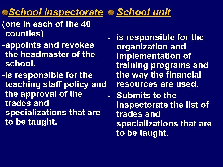 School inspectorate (one in each of the 40 counties) -appoints and revokes the headmaster