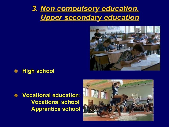 3. Non compulsory education. Upper secondary education High school Vocational education: Vocational school Apprentice