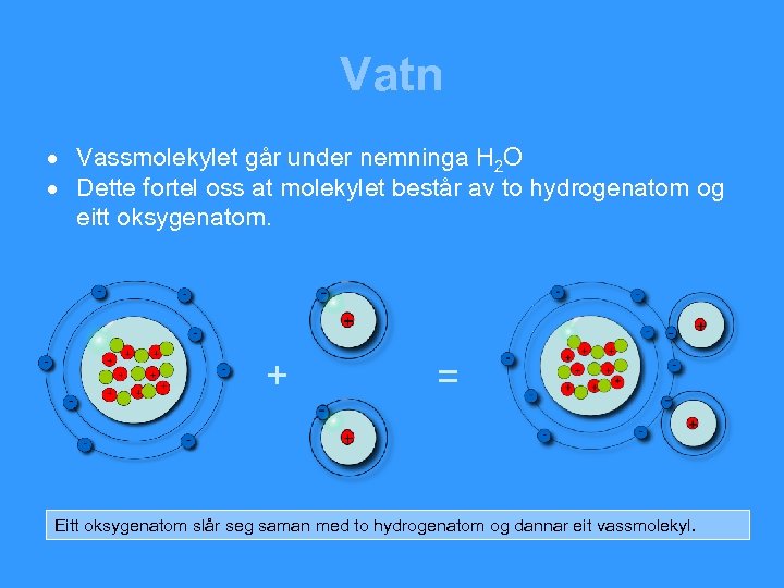 Vatn · Vassmolekylet går under nemninga H 2 O · Dette fortel oss at