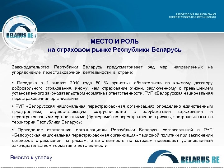 БЕЛОРУССКАЯ НАЦИОНАЛЬНАЯ ПЕРЕСТРАХОВОЧНАЯ ОРГАНИЗАЦИЯ МЕСТО И РОЛЬ на страховом рынке Республики Беларусь Законодательство Республики