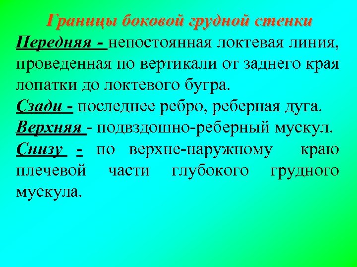 Границы боковой грудной стенки Передняя - непостоянная локтевая линия, проведенная по вертикали от заднего