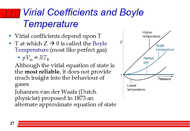 Virial Coefficients and Boyle Temperature • Virial coefficients depend upon T • T at