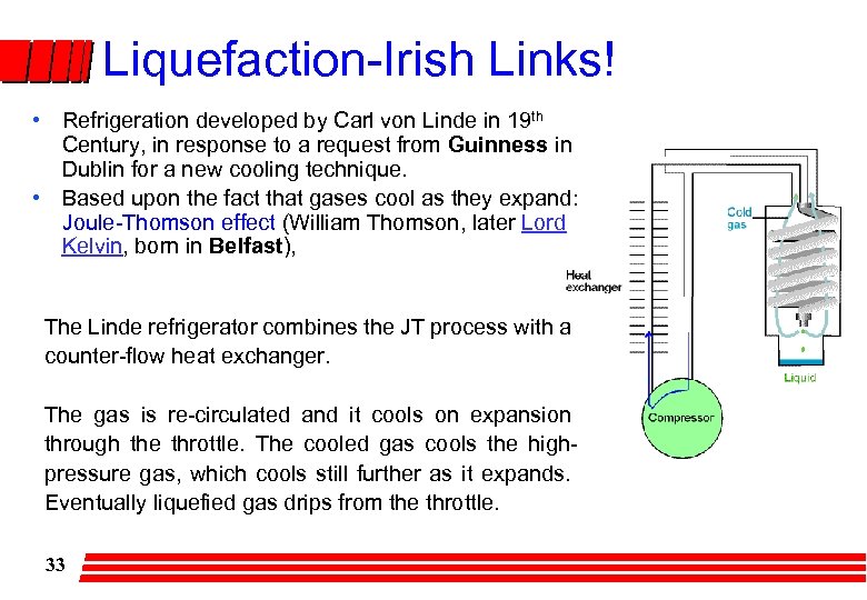 Liquefaction-Irish Links! • Refrigeration developed by Carl von Linde in 19 th Century, in