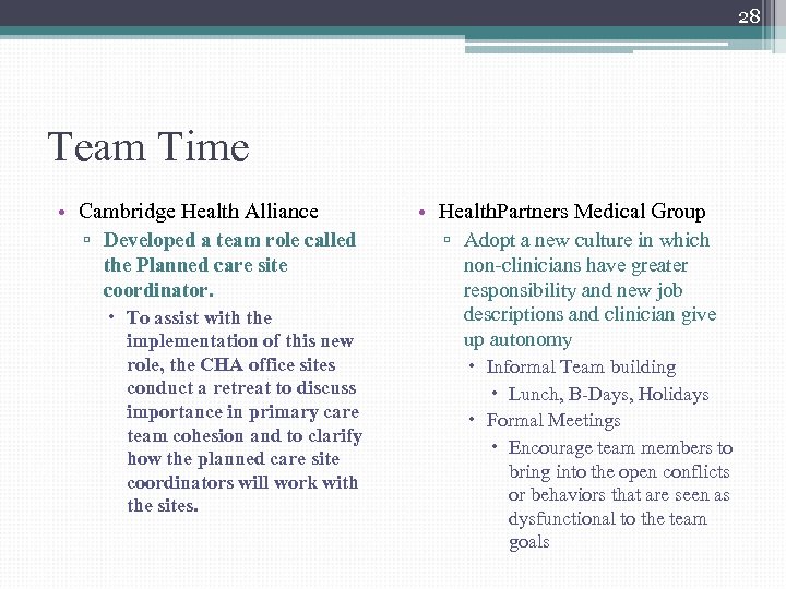 28 Team Time • Cambridge Health Alliance ▫ Developed a team role called the
