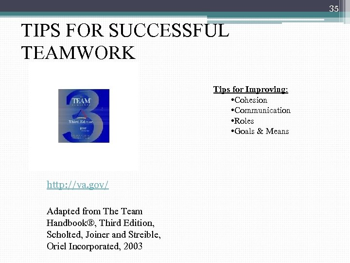 35 TIPS FOR SUCCESSFUL TEAMWORK Tips for Improving: • Cohesion • Communication • Roles