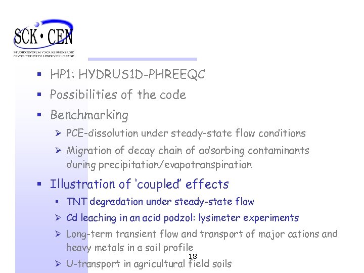 § HP 1: HYDRUS 1 D-PHREEQC § Possibilities of the code § Benchmarking Ø
