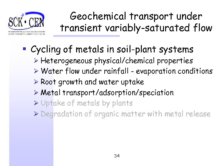 Geochemical transport under transient variably-saturated flow § Cycling of metals in soil-plant systems Ø