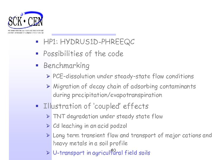 § HP 1: HYDRUS 1 D-PHREEQC § Possibilities of the code § Benchmarking Ø