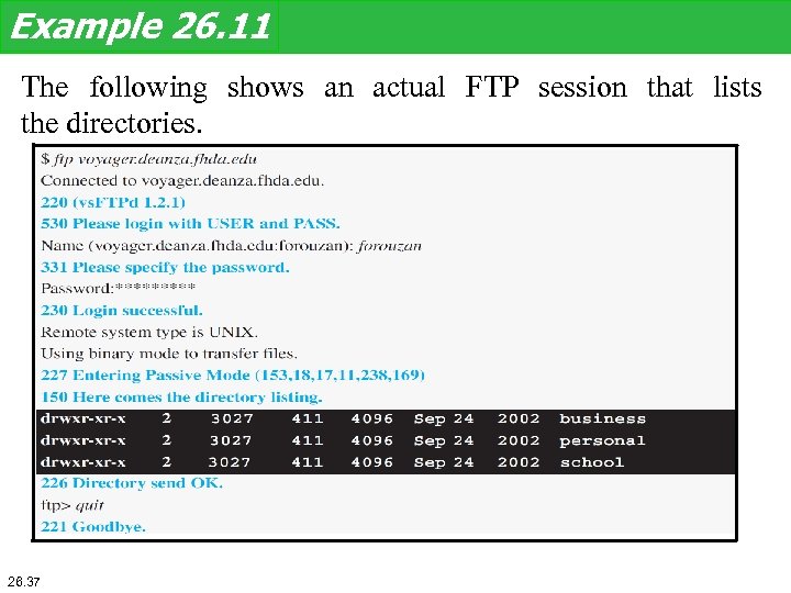 Example 26. 11 The following shows an actual FTP session that lists the directories.