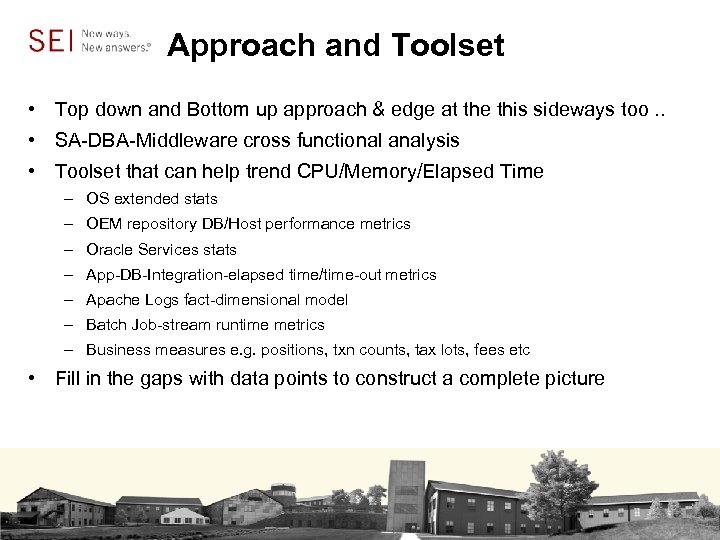 Approach and Toolset • Top down and Bottom up approach & edge at the