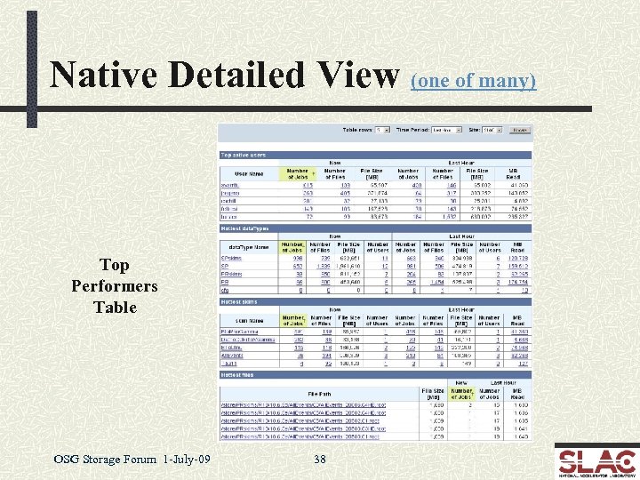 Native Detailed View (one of many) Top Performers Table OSG Storage Forum 1 -July-09