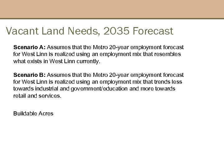 Vacant Land Needs, 2035 Forecast Scenario A: Assumes that the Metro 20 -year employment