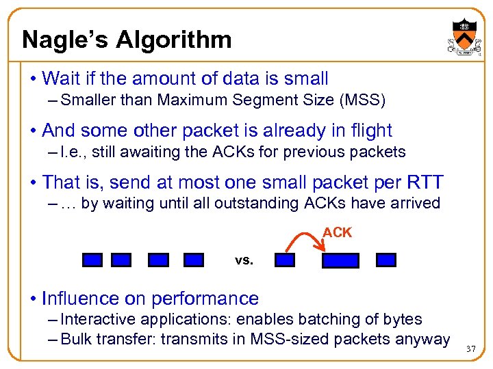Nagle’s Algorithm • Wait if the amount of data is small – Smaller than