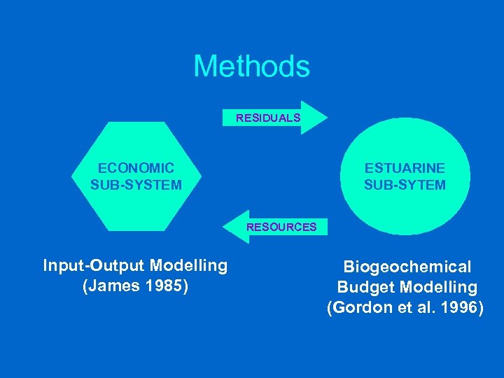 Methods RESIDUALS ESTUARINE SUB-SYTEM ECONOMIC SUB-SYSTEM RESOURCES Input-Output Modelling (James 1985) Biogeochemical Budget Modelling