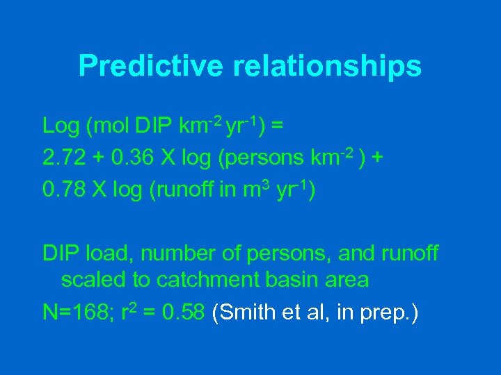 Predictive relationships Log (mol DIP km-2 yr-1) = 2. 72 + 0. 36 X