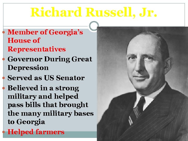 Richard Russell, Jr. Member of Georgia’s House of Representatives Governor During Great Depression Served