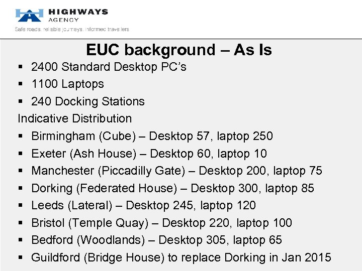 EUC background – As Is § 2400 Standard Desktop PC’s § 1100 Laptops §