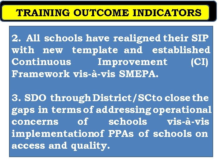 TRAINING OUTCOME INDICATORS 2. All schools have realigned their SIP with new template and