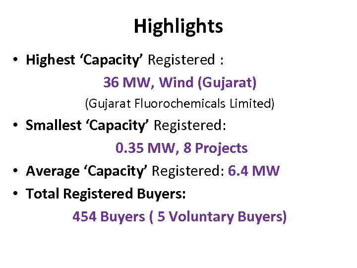 Highlights • Highest ‘Capacity’ Registered : 36 MW, Wind (Gujarat) (Gujarat Fluorochemicals Limited) •
