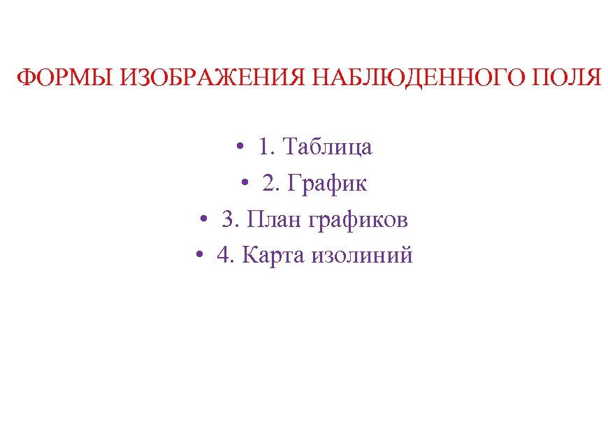 ФОРМЫ ИЗОБРАЖЕНИЯ НАБЛЮДЕННОГО ПОЛЯ • 1. Таблица • 2. График • 3. План графиков