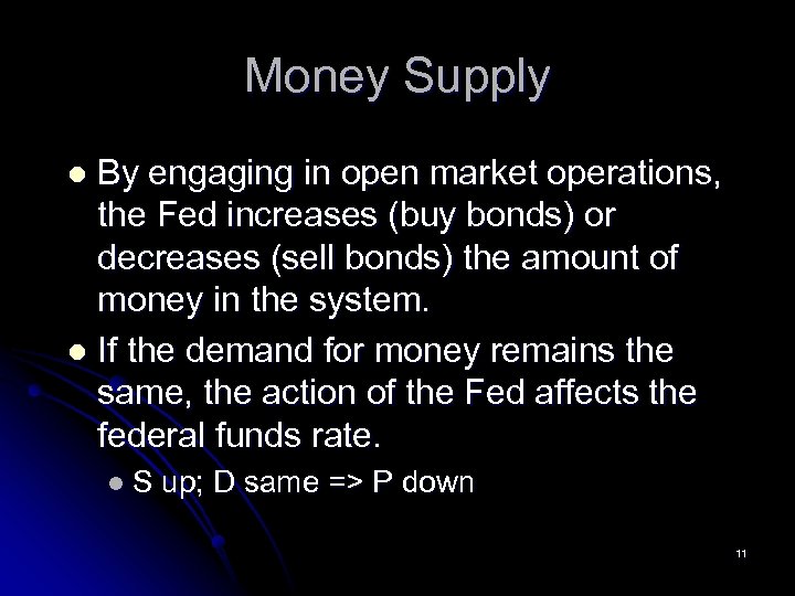 Money Supply By engaging in open market operations, the Fed increases (buy bonds) or