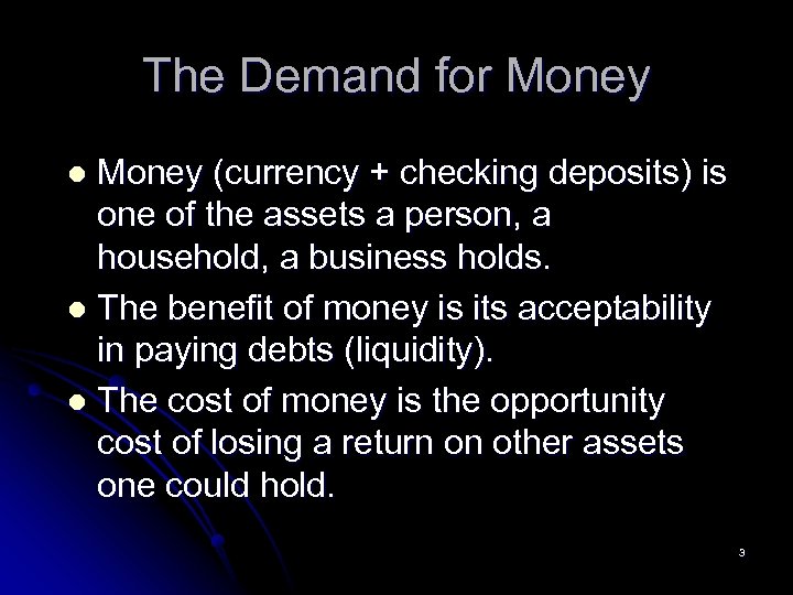 The Demand for Money (currency + checking deposits) is one of the assets a
