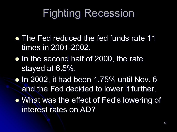 Fighting Recession The Fed reduced the fed funds rate 11 times in 2001 -2002.