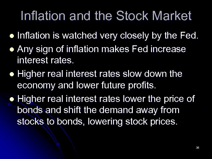 Inflation and the Stock Market Inflation is watched very closely by the Fed. l
