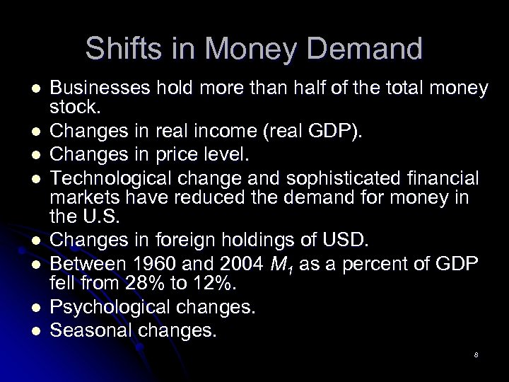 Shifts in Money Demand l l l l Businesses hold more than half of