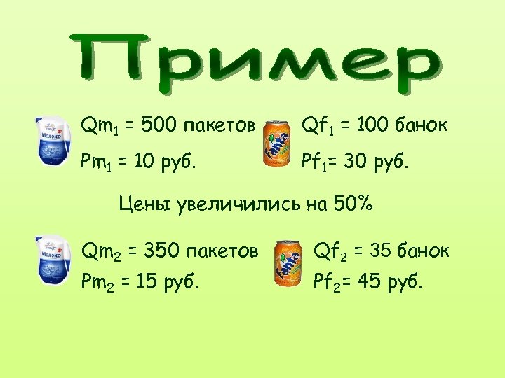 Qm 1 = 500 пакетов Qf 1 = 100 банок Pm 1 = 10