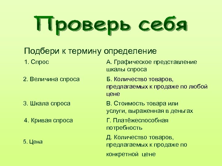 Подбери к термину определение 1. Спрос А. Графическое представление шкалы спроса 2. Величина спроса