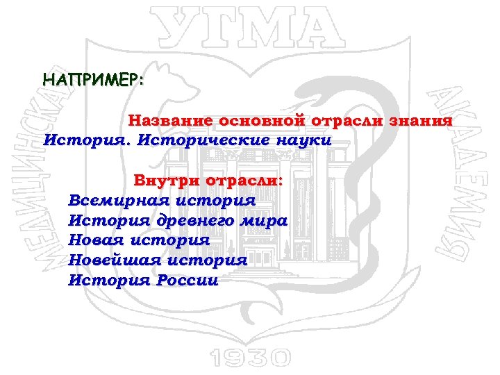 НАПРИМЕР: Название основной отрасли знания История. Исторические науки Внутри отрасли: Всемирная история История древнего