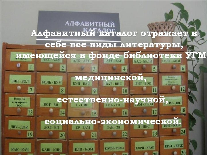 Алфавитный каталог отражает в себе все виды литературы, имеющейся в фонде библиотеки УГМА медицинской,